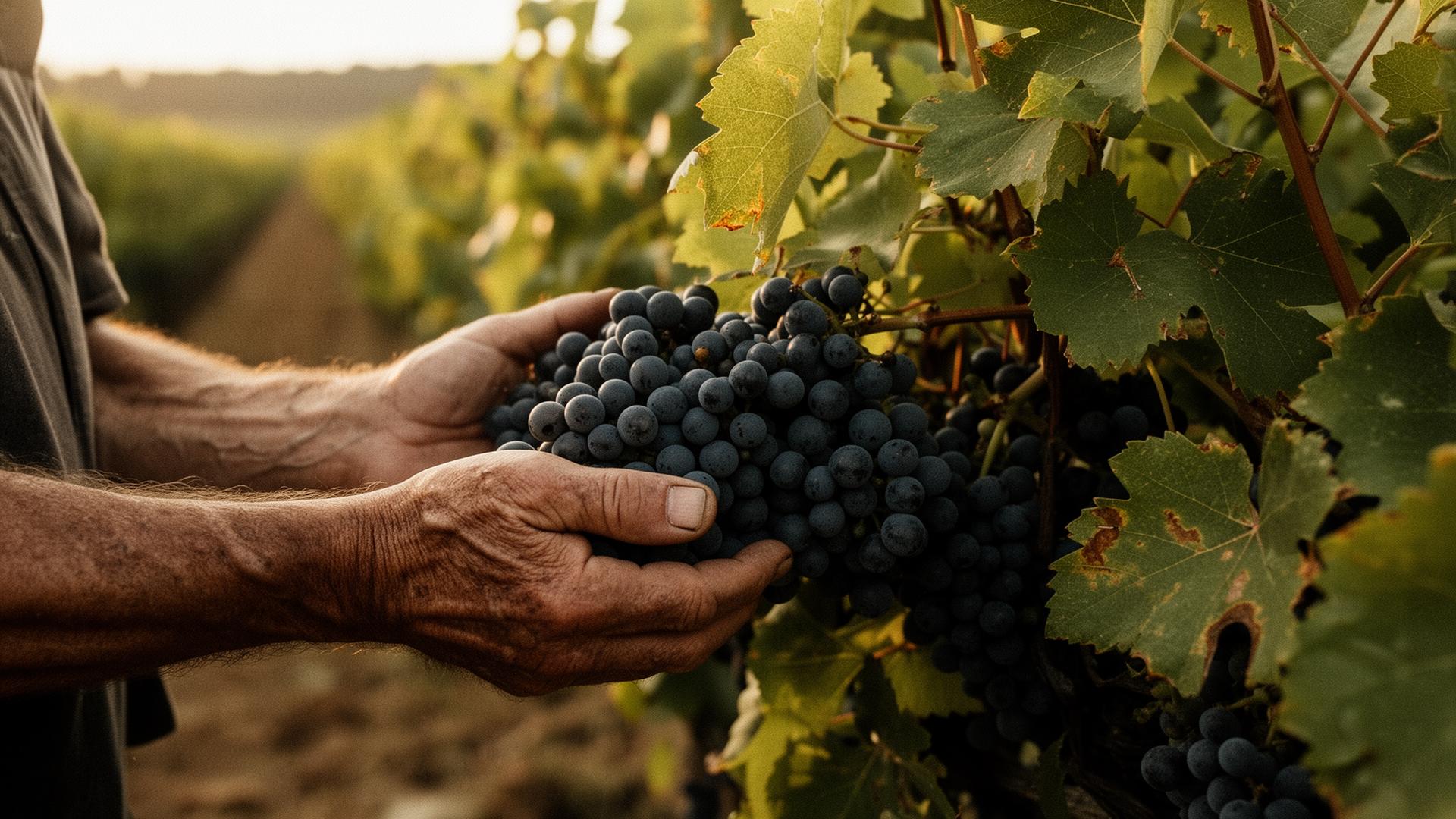 Hände eines Winzers mit reifen Pinot-Noir-Trauben im Weinberg